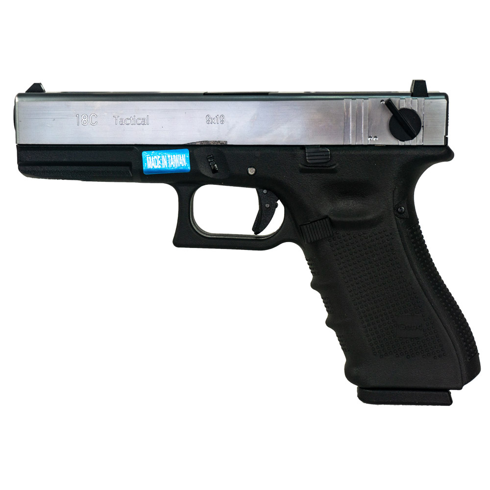 Модель пистолета (WE) GLOCK-18 gen4, авт, металл слайд, хром, сменные накладки, WE-G002B-SV