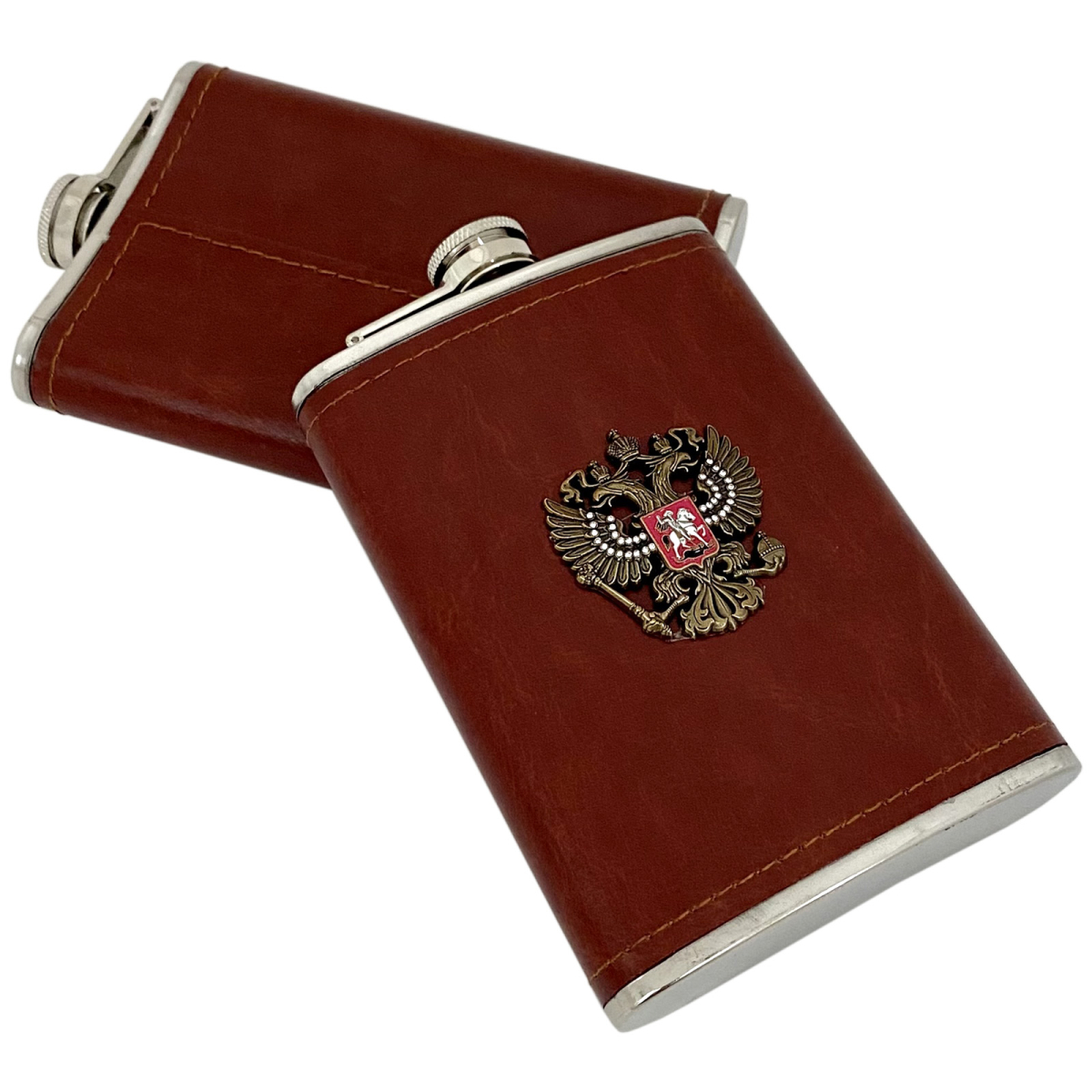 Фляга Voenpro красная, кожа, герб РФ со стразами, 9 унций