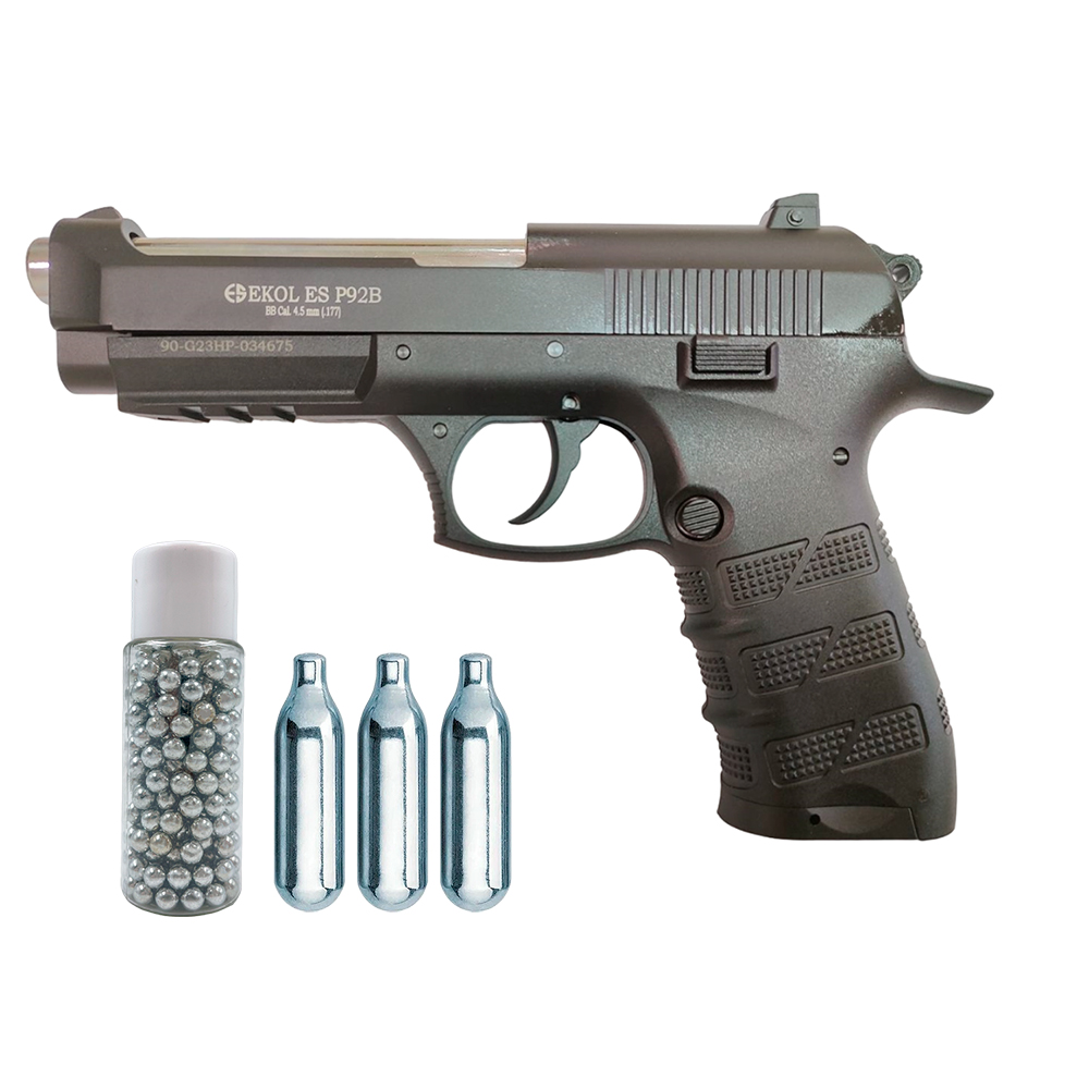 Пистолет пневматический EKOL ES P92 B Black (металл) (баллончики 3 шт + шарики 250 шт)