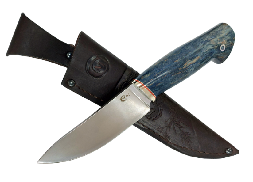 Нож "Кайман" сталь D2, рукоять мельхиор, стабилизированная карельская береза, Семина