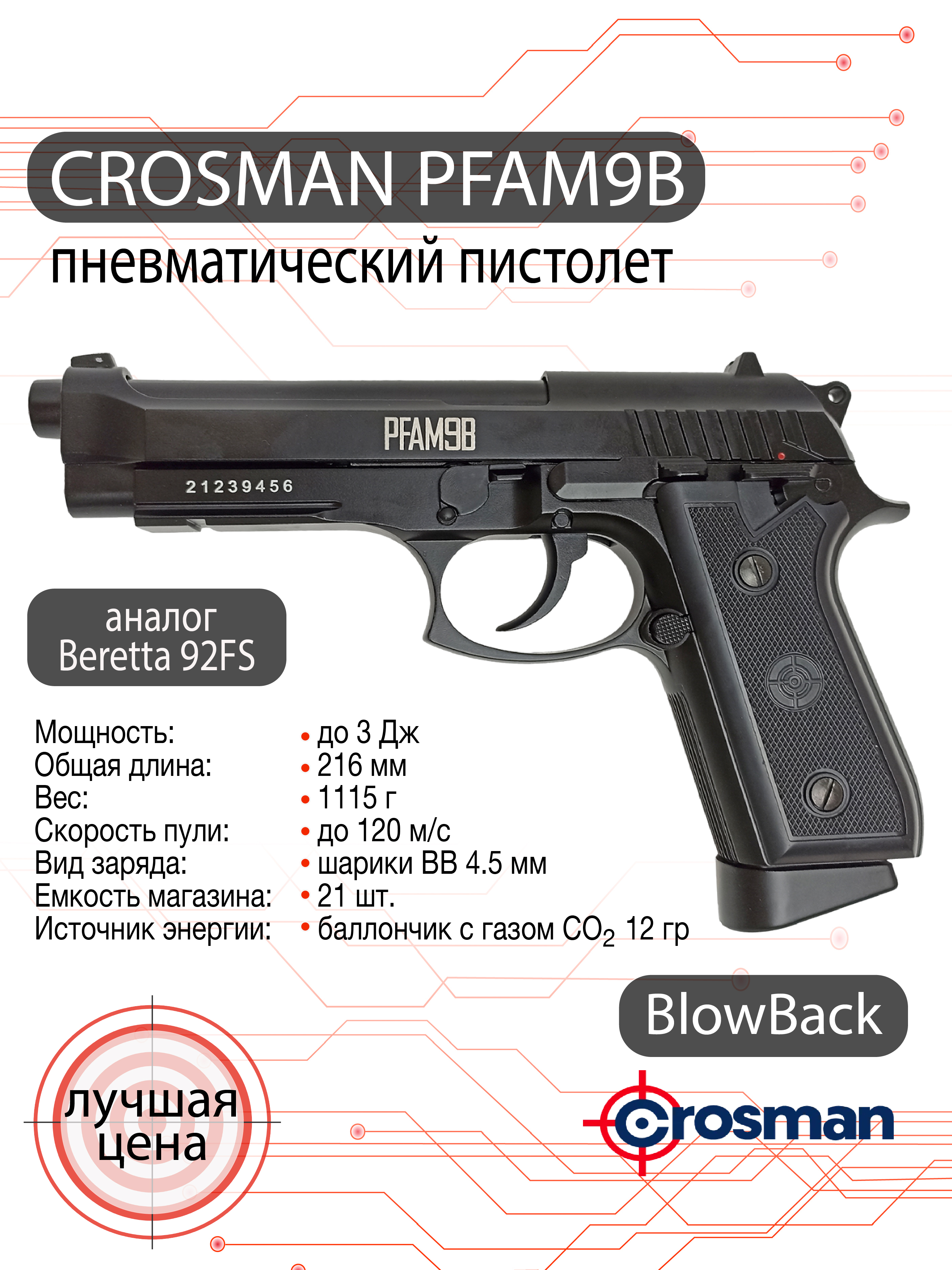 Пневматический пистолет Crosman PFAM9B (beretta) 4,5 мм купить в  Севастополе по цене 17 990 руб. в интернет-магазине