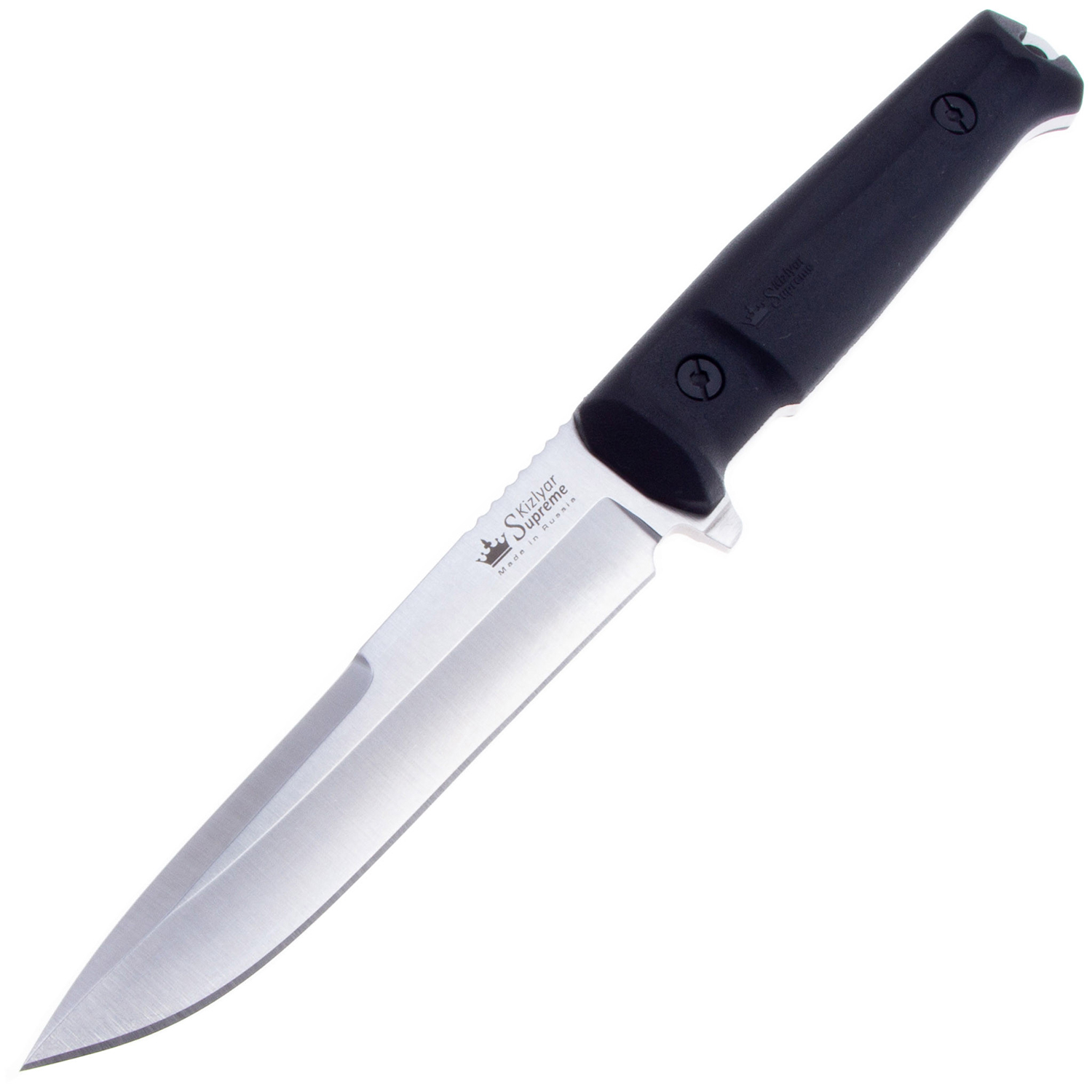 Нож Kizlyar Supreme Alpha AUS-8 SW (Stonewash, Черная рукоять, Камо ножны)