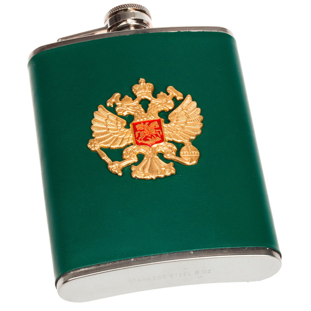 Фляга Voenpro зеленая, кожа, герб РФ, 9 унций