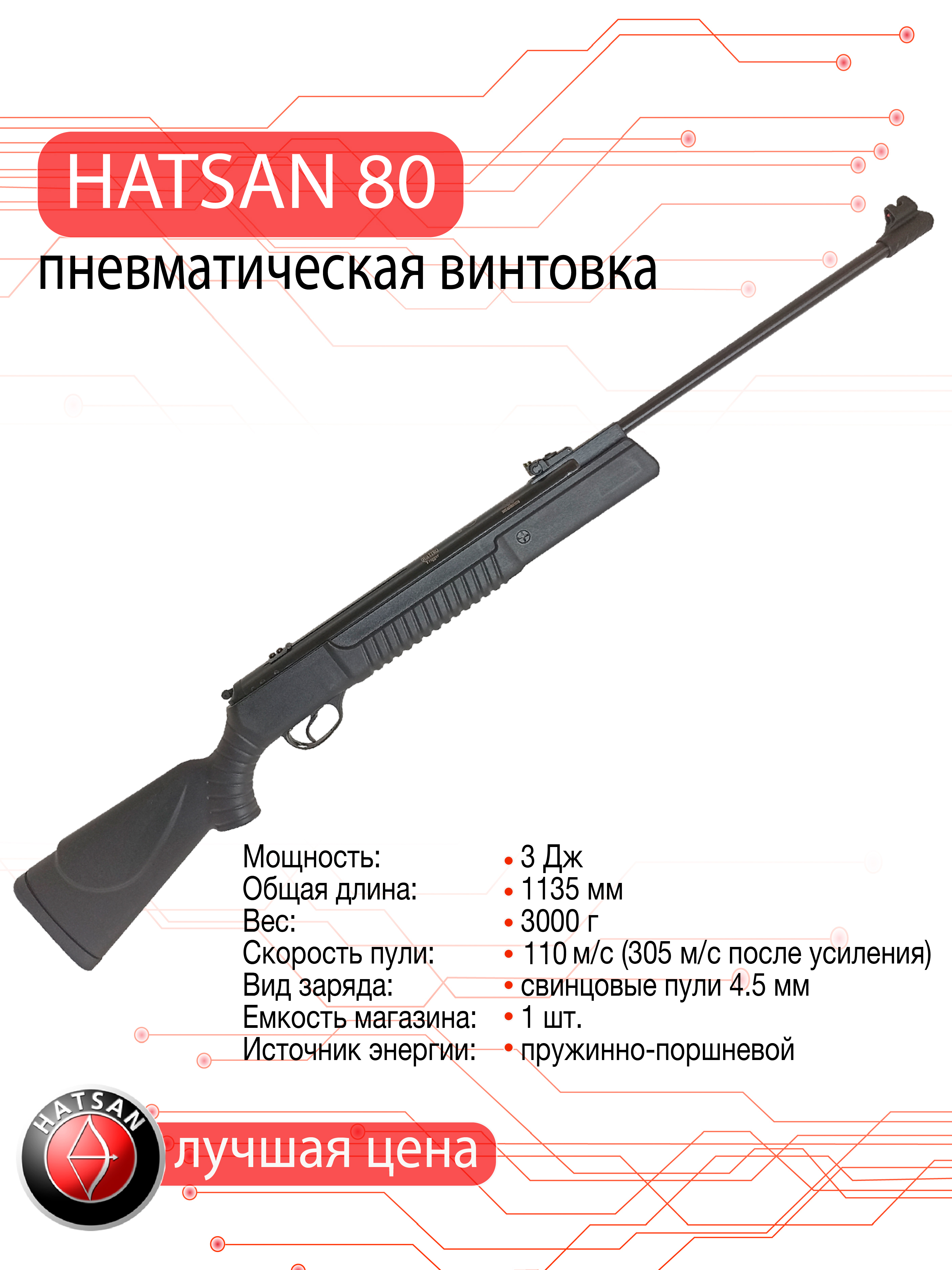 Пневматическая винтовка Hatsan 80 калибр 4,5 мм, 3 Дж.