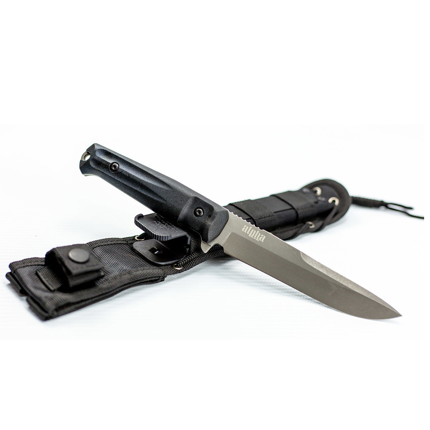 Нож Kizlyar Supreme Alpha AUS-8 SW (Stonewash, Черная рукоять, Камо ножны)