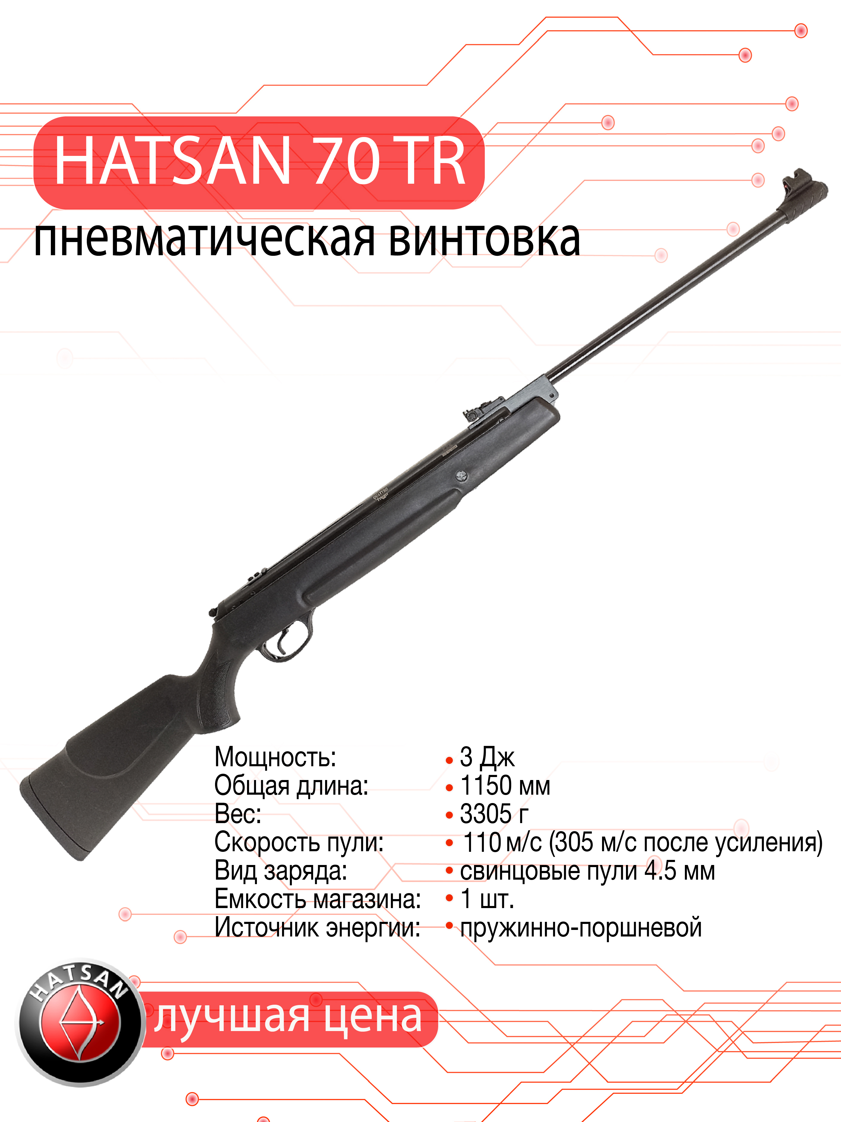 Пневматическая винтовка Hatsan 70 TR калибр 4.5 мм 3 Дж